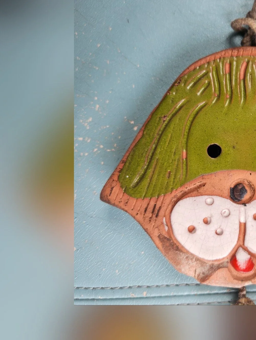 VTG 63 Ceramic Clay Handmade Green Flower GREEN Cat Wall Hang CRANE YARD Art